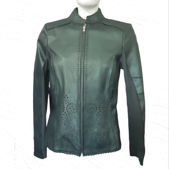 Peter Nygard Jackets & Blazers - 4. Nygard Collection Iridescent cut out green leather knit zip blazer jacket 8